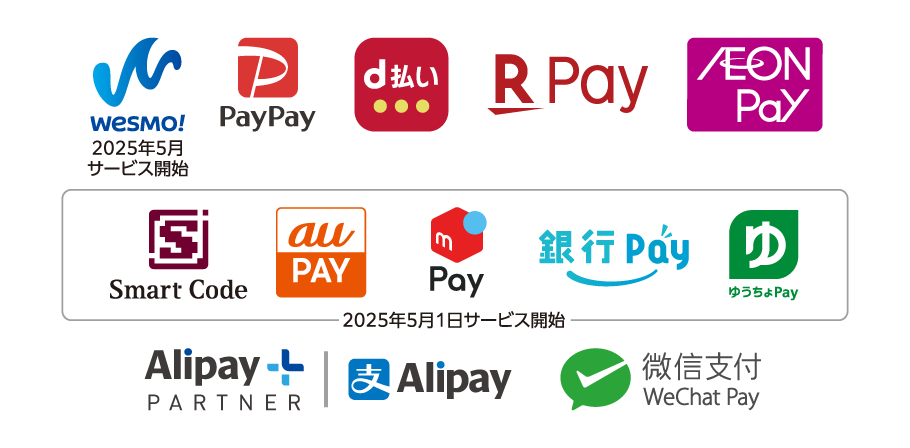 Wesmo!、PayPay、d払い、楽天ペイ、イオンペイ、Smart Code(au PAY、メルぺイ、銀行Pay、ゆうちょPay含む25ブランド)、Alipay、ウィーチャットペイ
